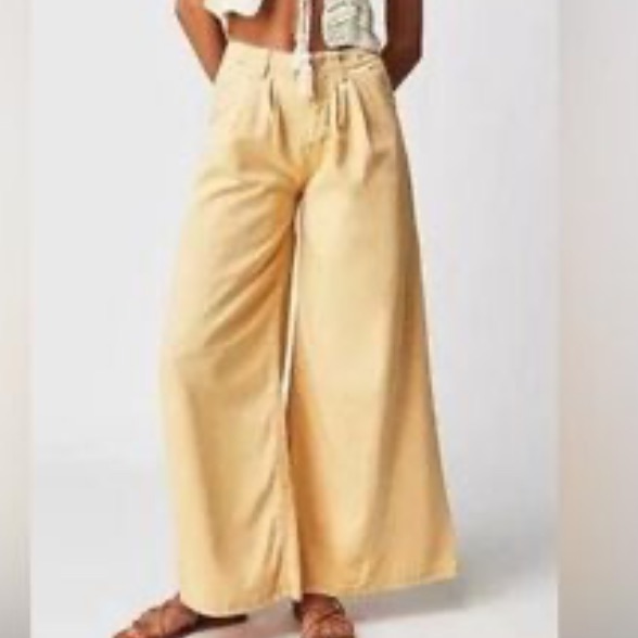 Free People Women Pants Ob1634939 Yellow Wide Leg Cotton Sz 2 New Without Tags